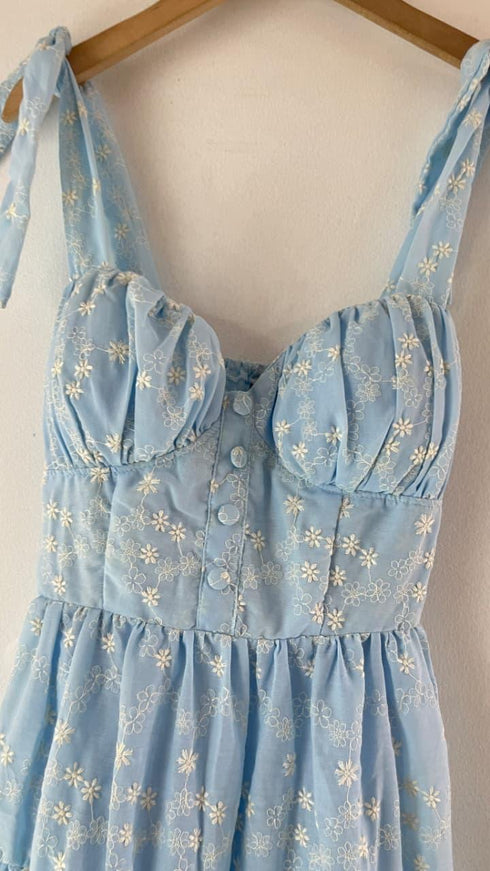 Flower Embroidered Spaghetti Straps Layered Sun Dresses